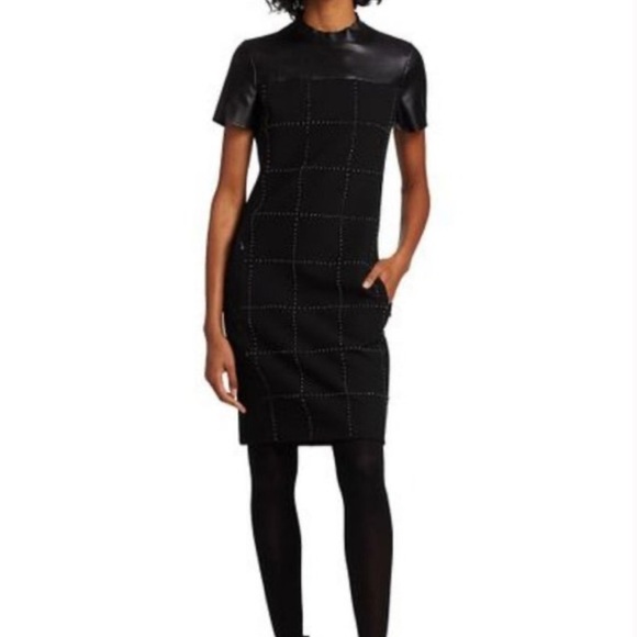 Akris Punto Mock Neck Knee Length Dress Black 12 Studded Faux Leather Pockets - Picture 1 of 13